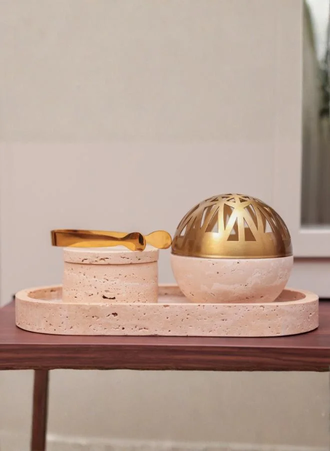 كازا كيسيرا مبخرة بخور كروية من ترافرتين تيرا مع صندوق تخزين وملقط من كاسا كويسيرا